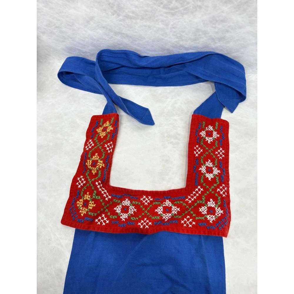 Vintage Blue Embroidered Apron Folk Art Cross Stitch Cotton Pocket Cottagecore